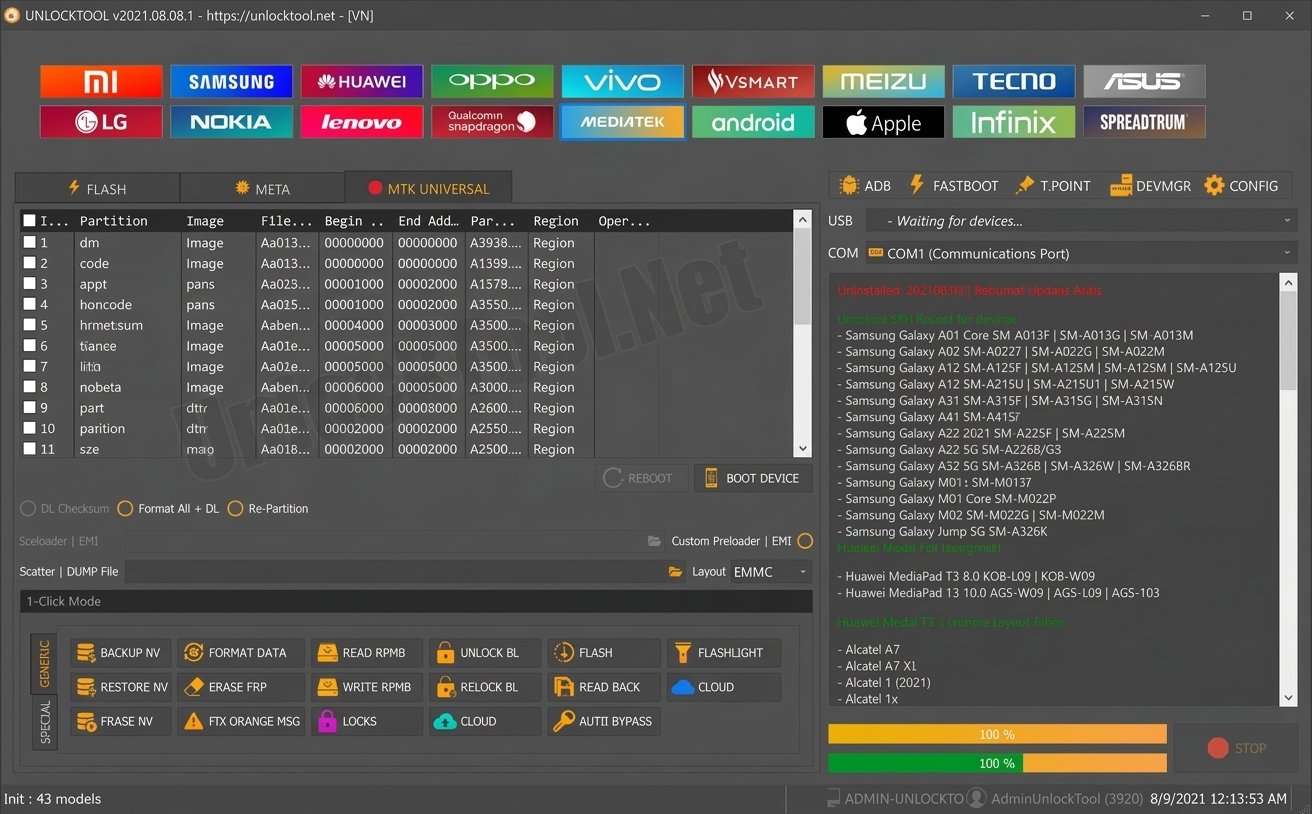 Interface UnlockTool — modelos compatíveis